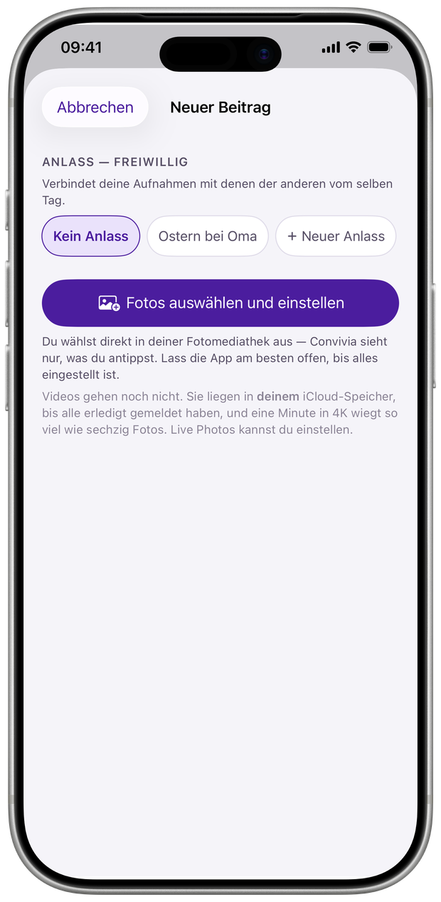 Neuer Beitrag: Anlass wählen, dann Fotos auswählen und einstellen