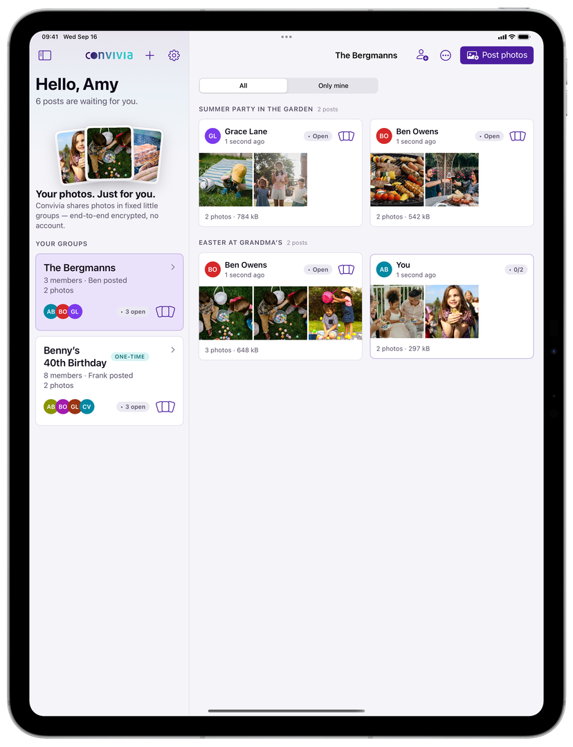 Convivia on the iPad: the sidebar with your groups on the left, the posts by occasion on the right