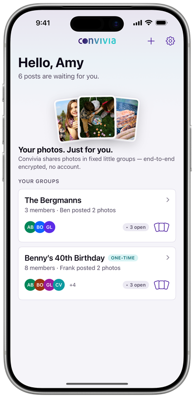 Convivia on the iPhone: the home screen with your groups one below the other