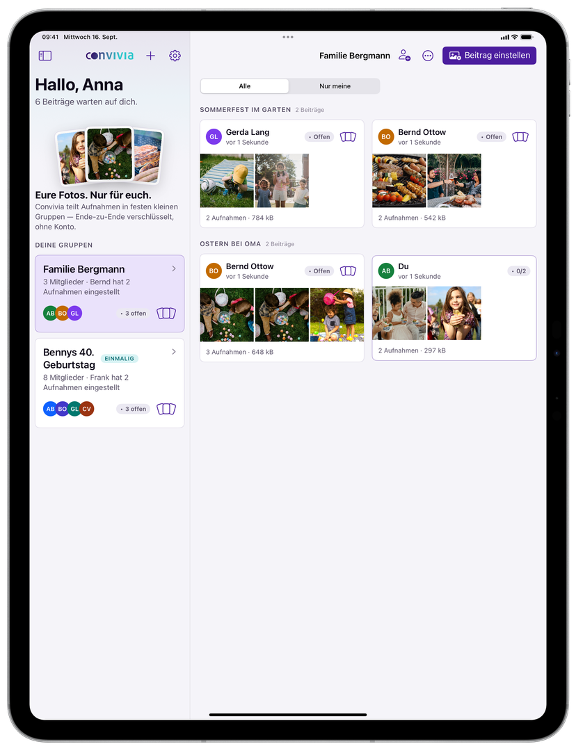 Convivia auf dem iPad: links die Seitenleiste mit den Gruppen, rechts die Beiträge nach Anlass