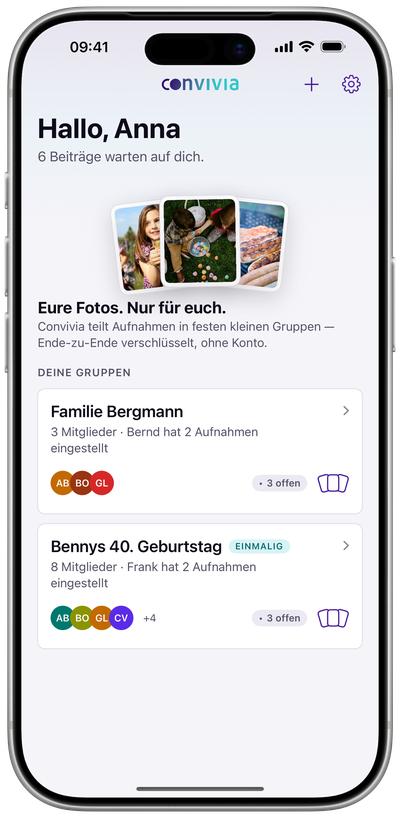 Convivia auf dem iPhone: die Startseite mit den Gruppen untereinander