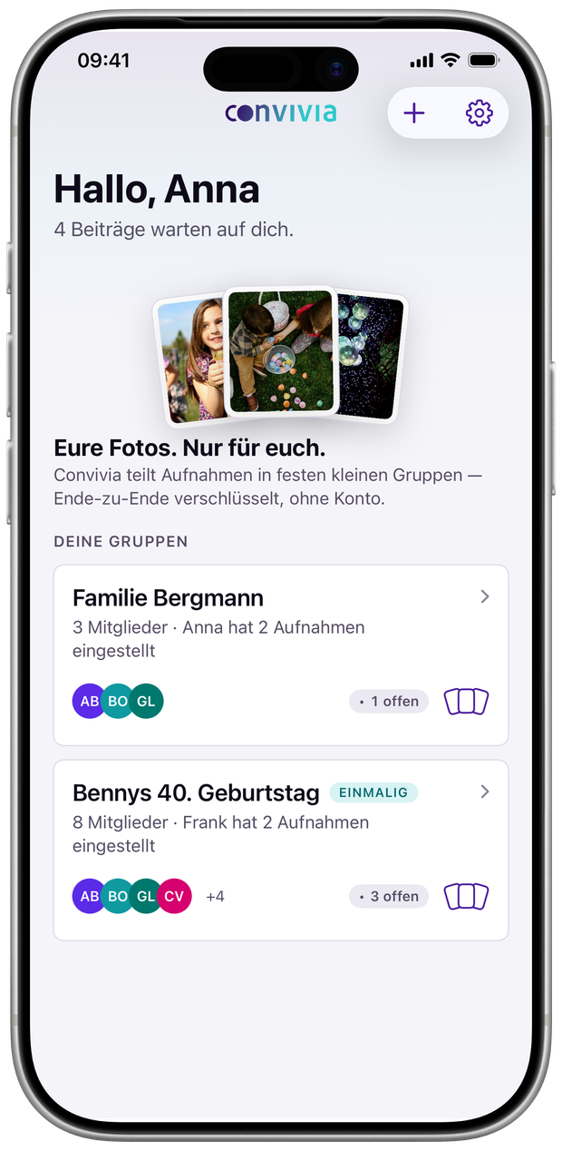 Die Startseite: zwei Gruppen, offene Antworten